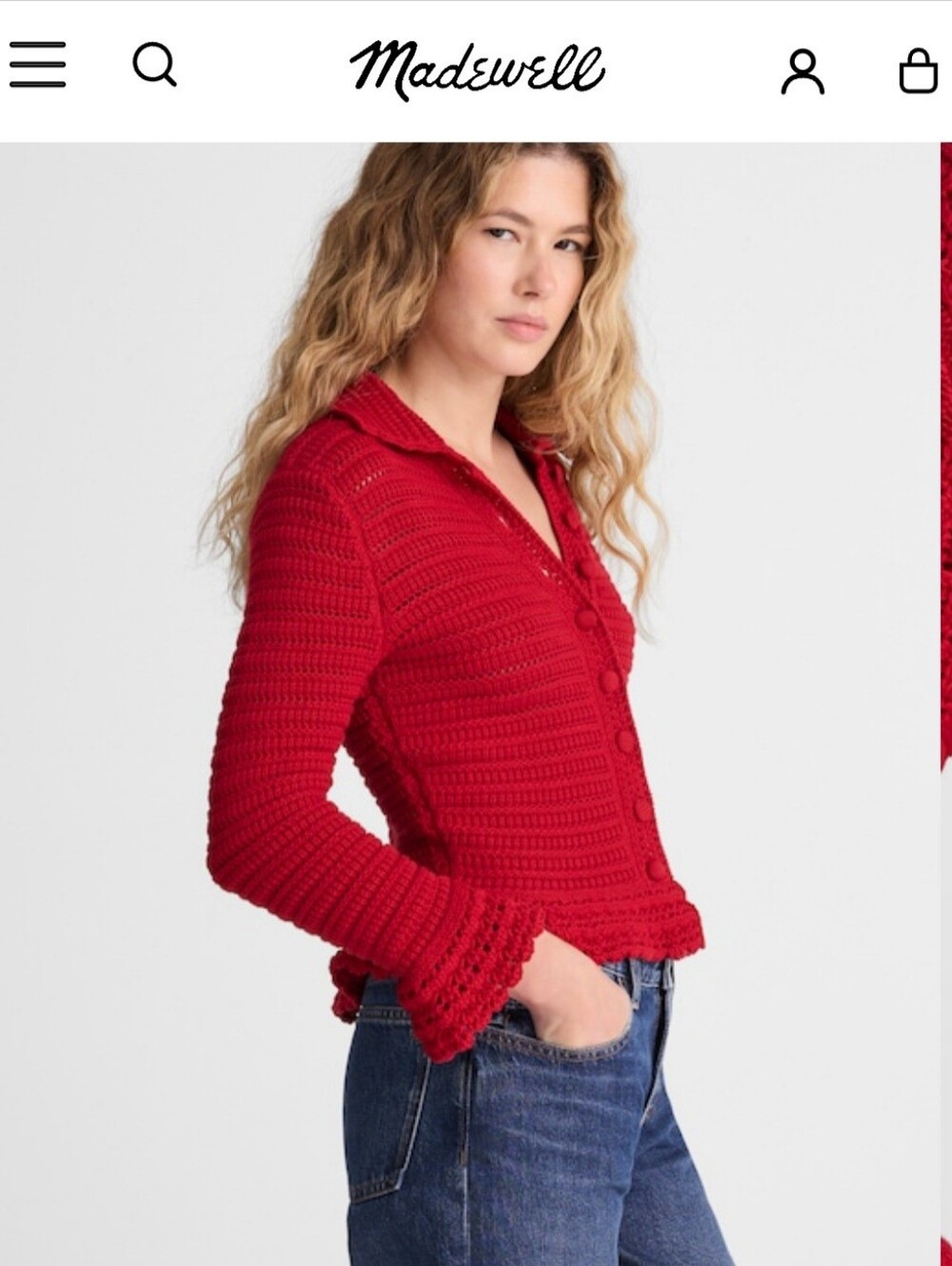 Madewell Cherry Red Crocheted Button-Front V-Neck Sweater NWOT